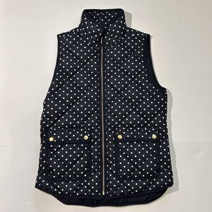 J CREW Quilted Down Puffer Vest Womens XS Insulated Navy White Polka Dots Zip Up